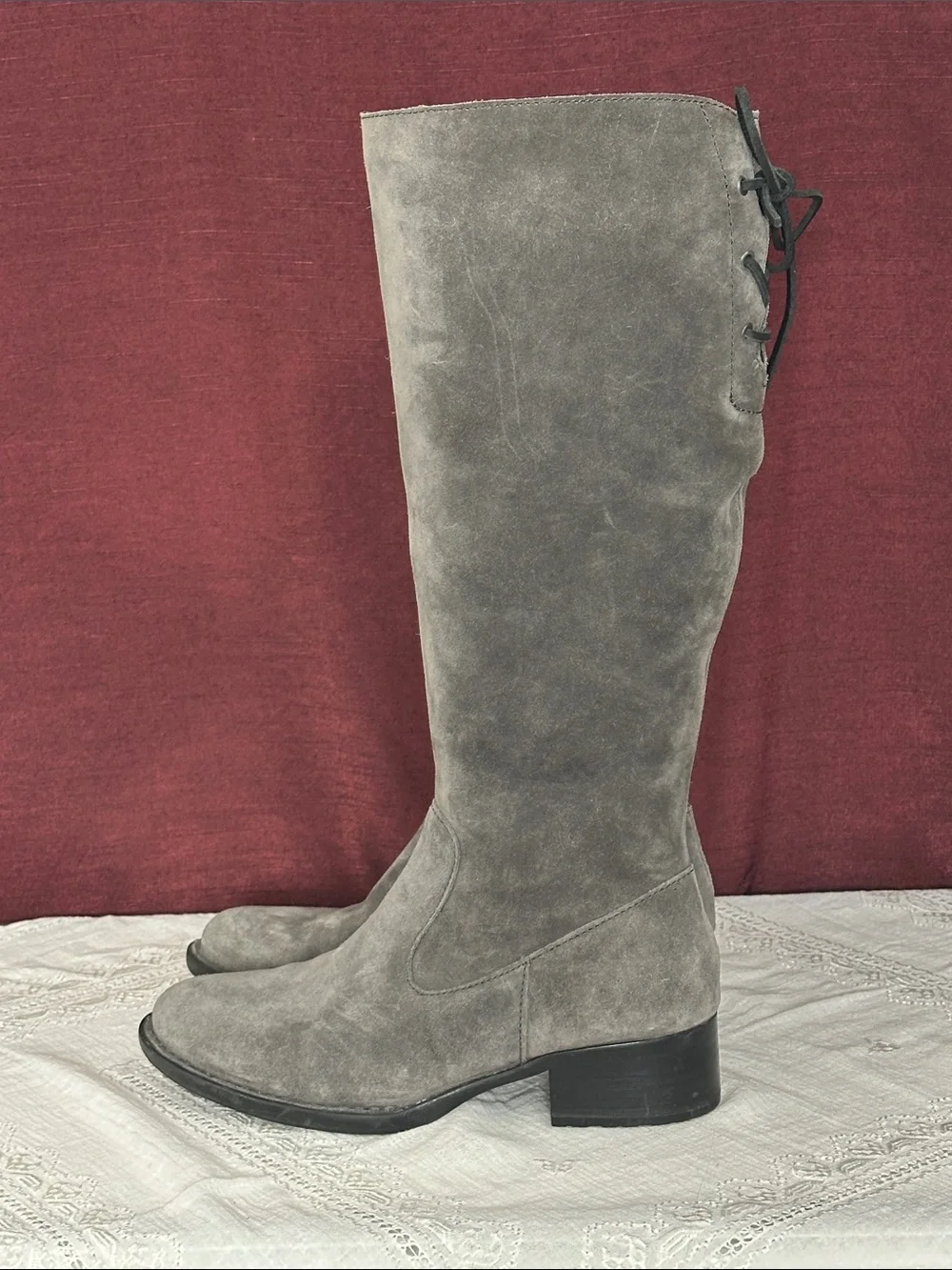 💗✨Born Felicia Gray Suede Leather Knee High Boots 7M Lace Back Boho🍁🍃
